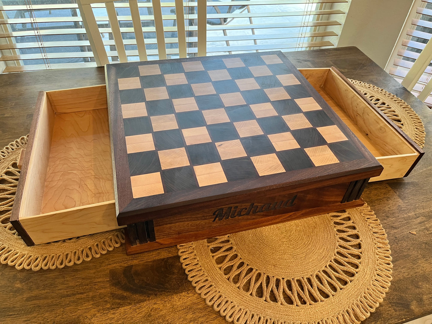 Chess Board End Grain With Drawers For Storage And Chess Pieces