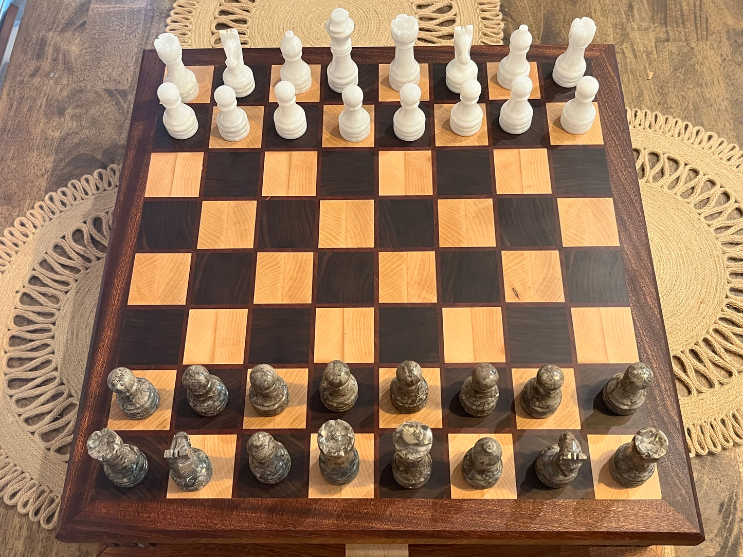 Chess Board End Grain With Drawers For Storage And Chess Pieces