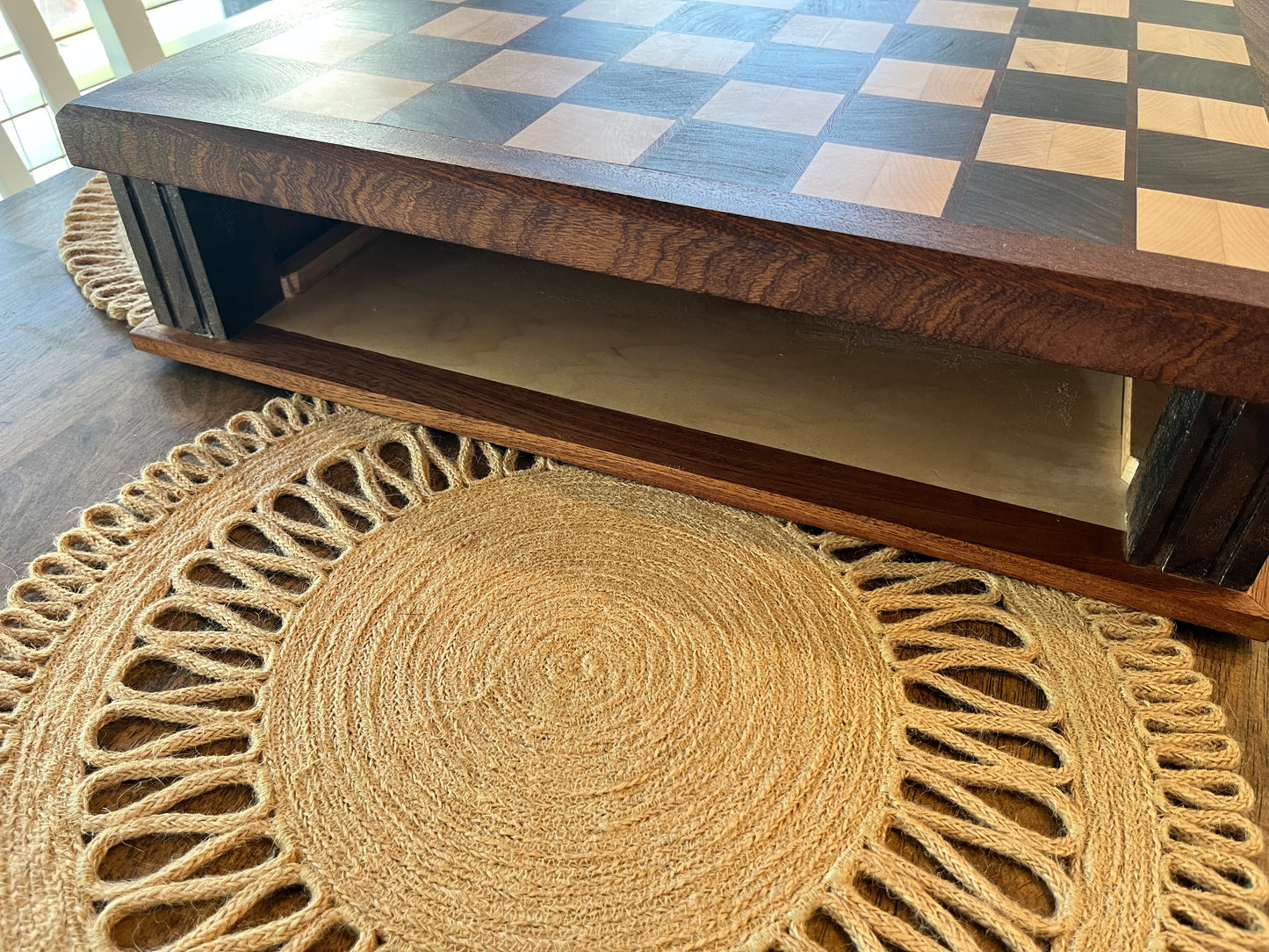 Chess Board End Grain With Drawers For Storage And Chess Pieces