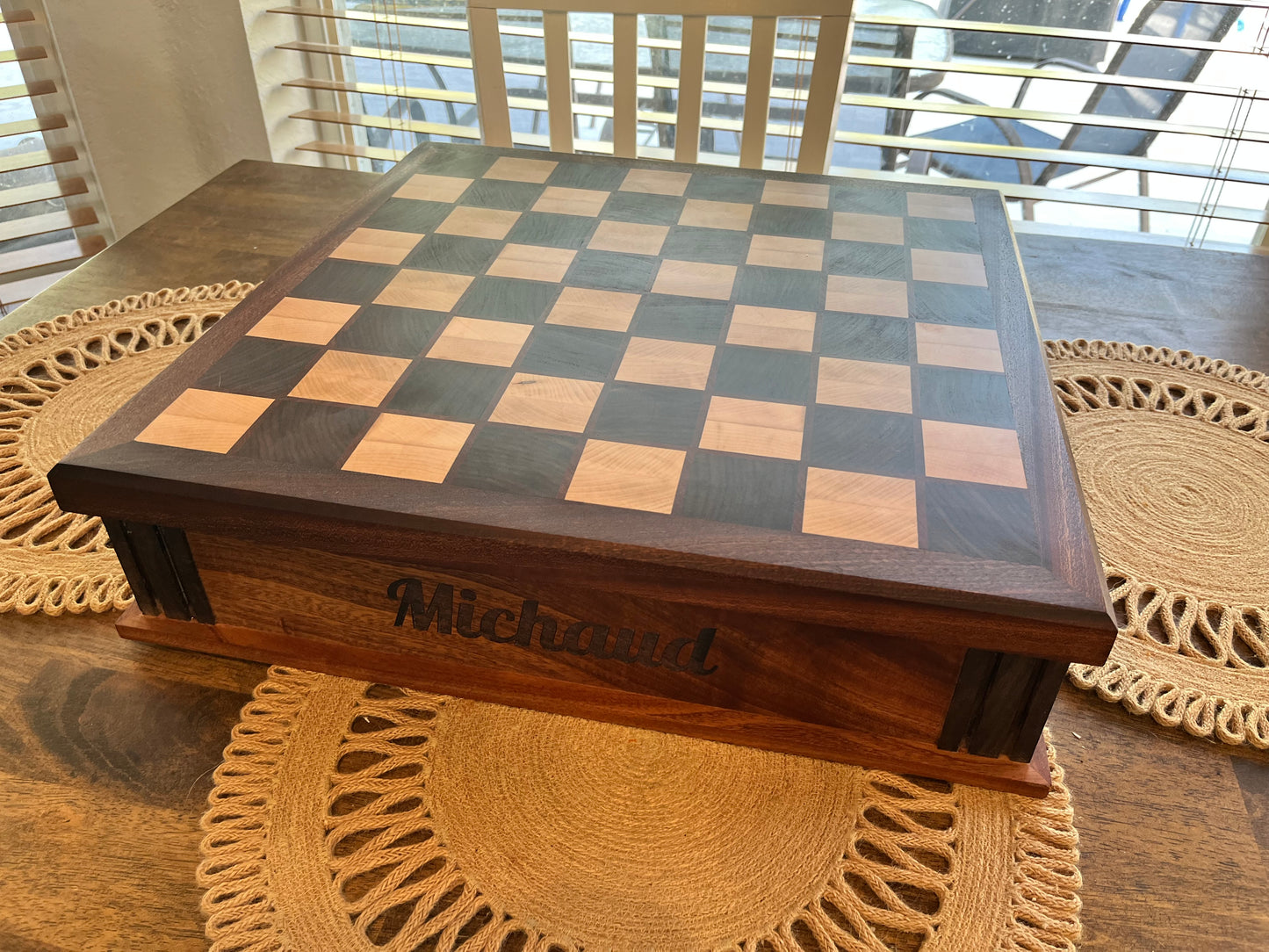 Chess Board End Grain With Drawers For Storage And Chess Pieces