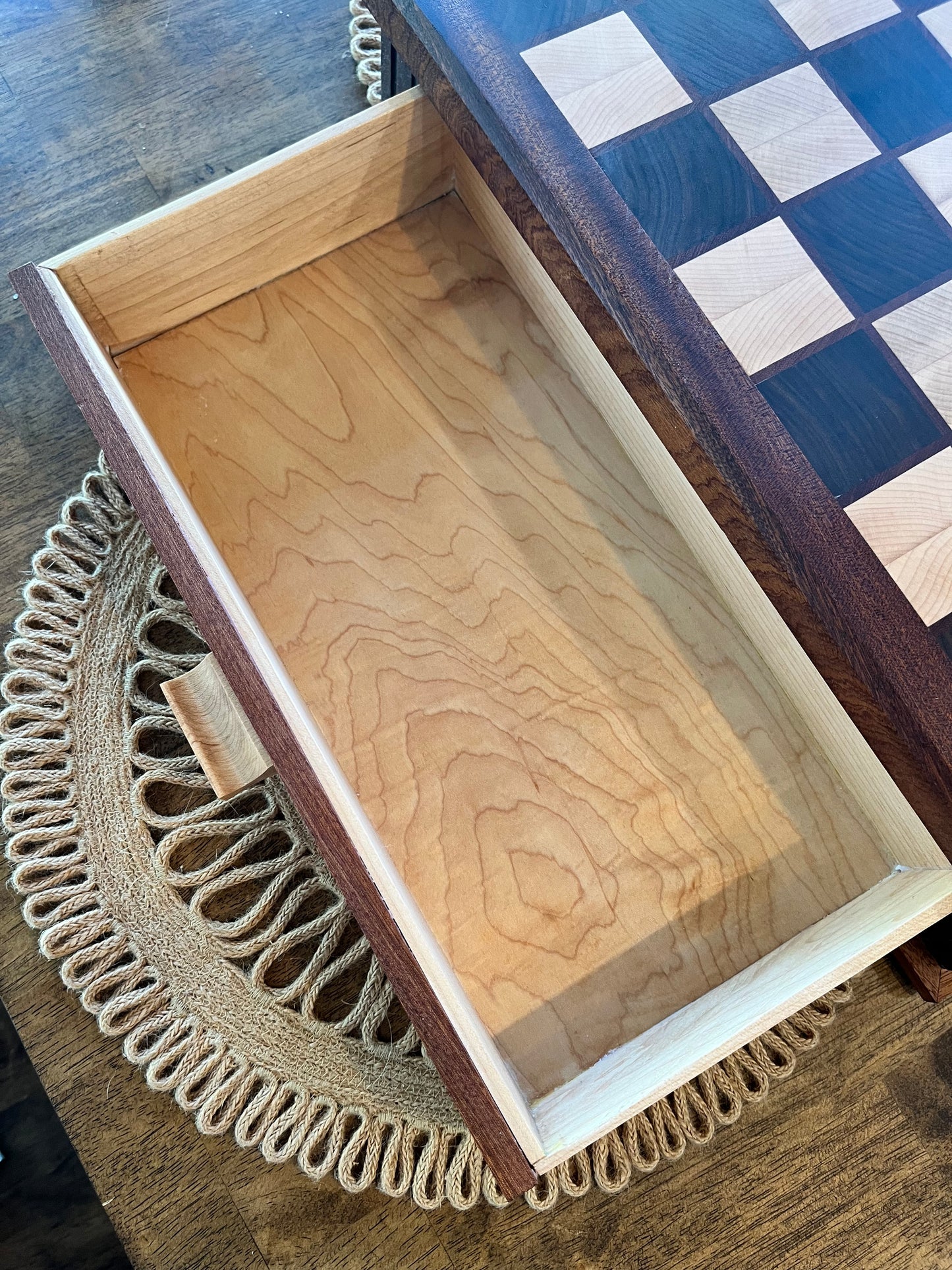 Chess Board End Grain With Drawers For Storage And Chess Pieces