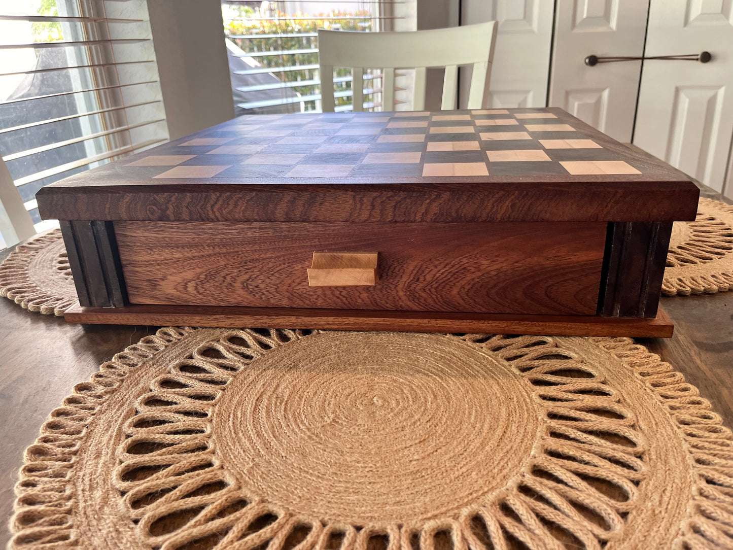 Chess Board End Grain With Drawers For Storage And Chess Pieces