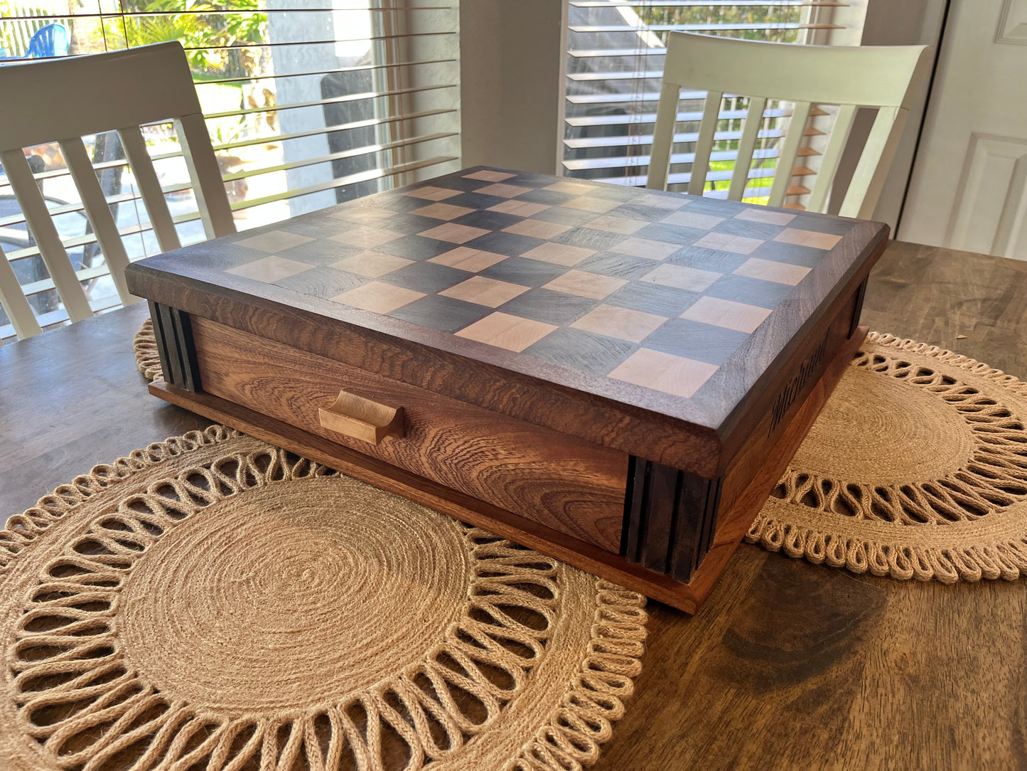 Chess Board End Grain With Drawers For Storage And Chess Pieces