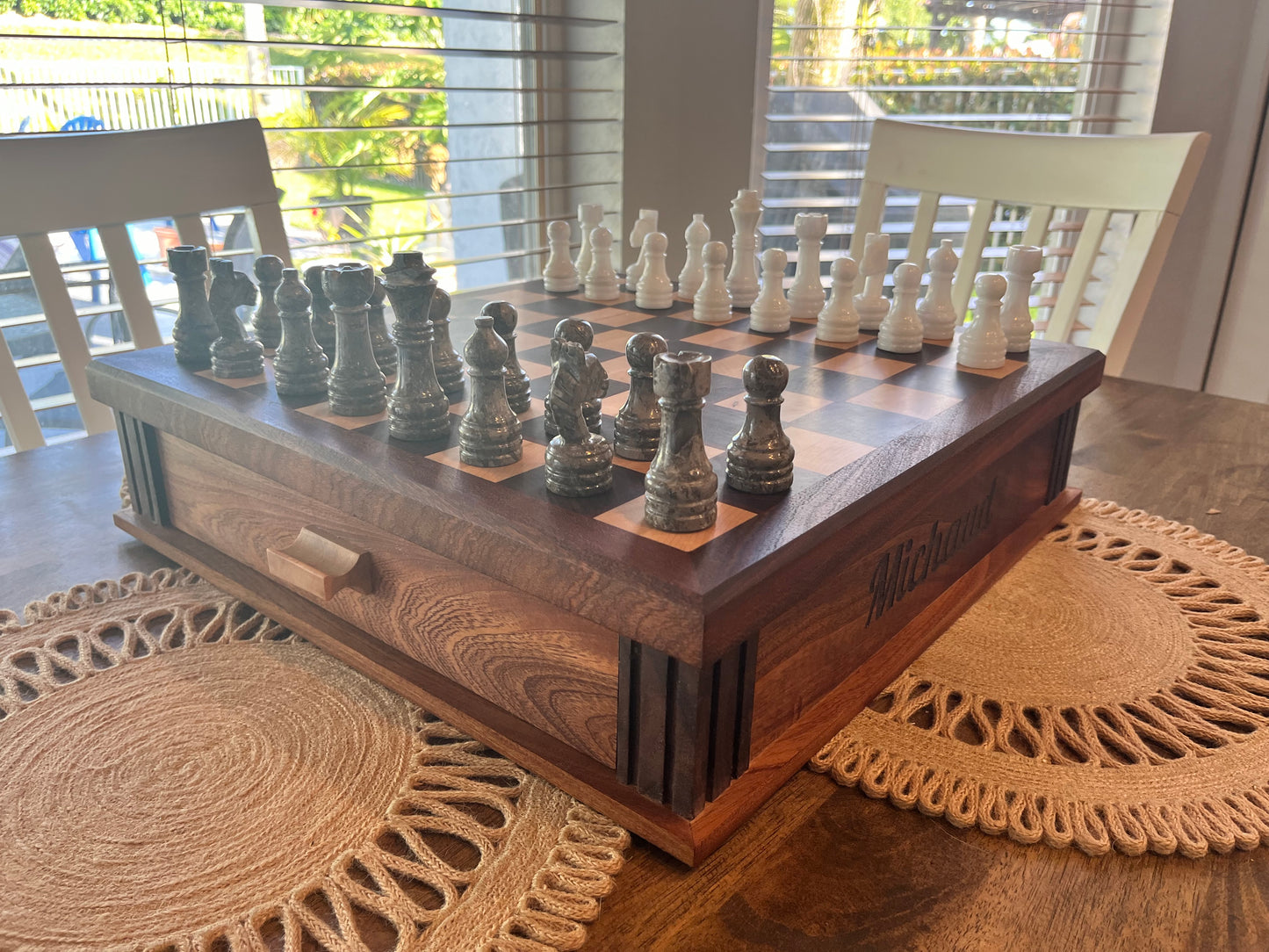 Chess Board End Grain With Drawers For Storage And Chess Pieces