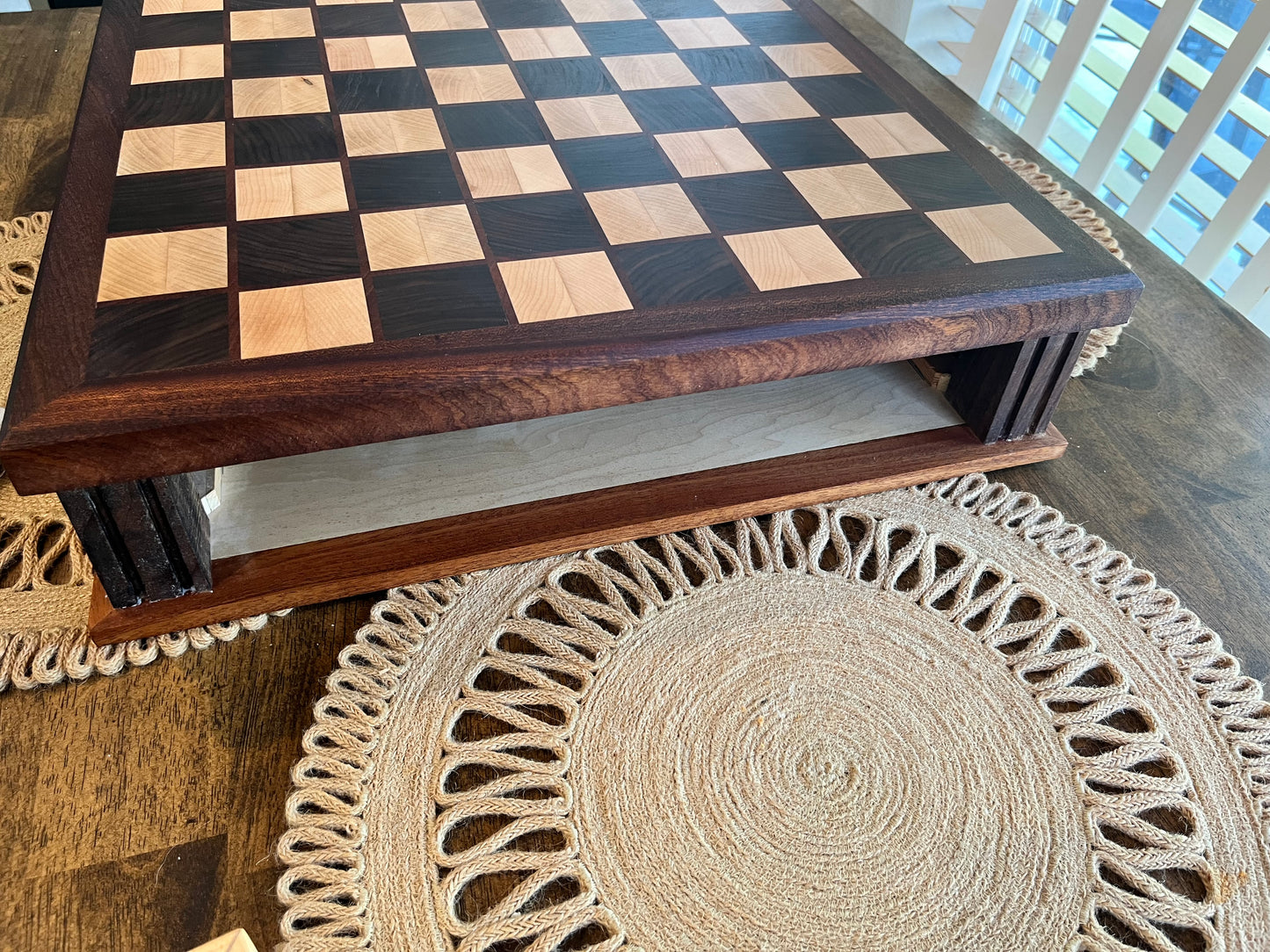 Chess Board End Grain With Drawers For Storage And Chess Pieces