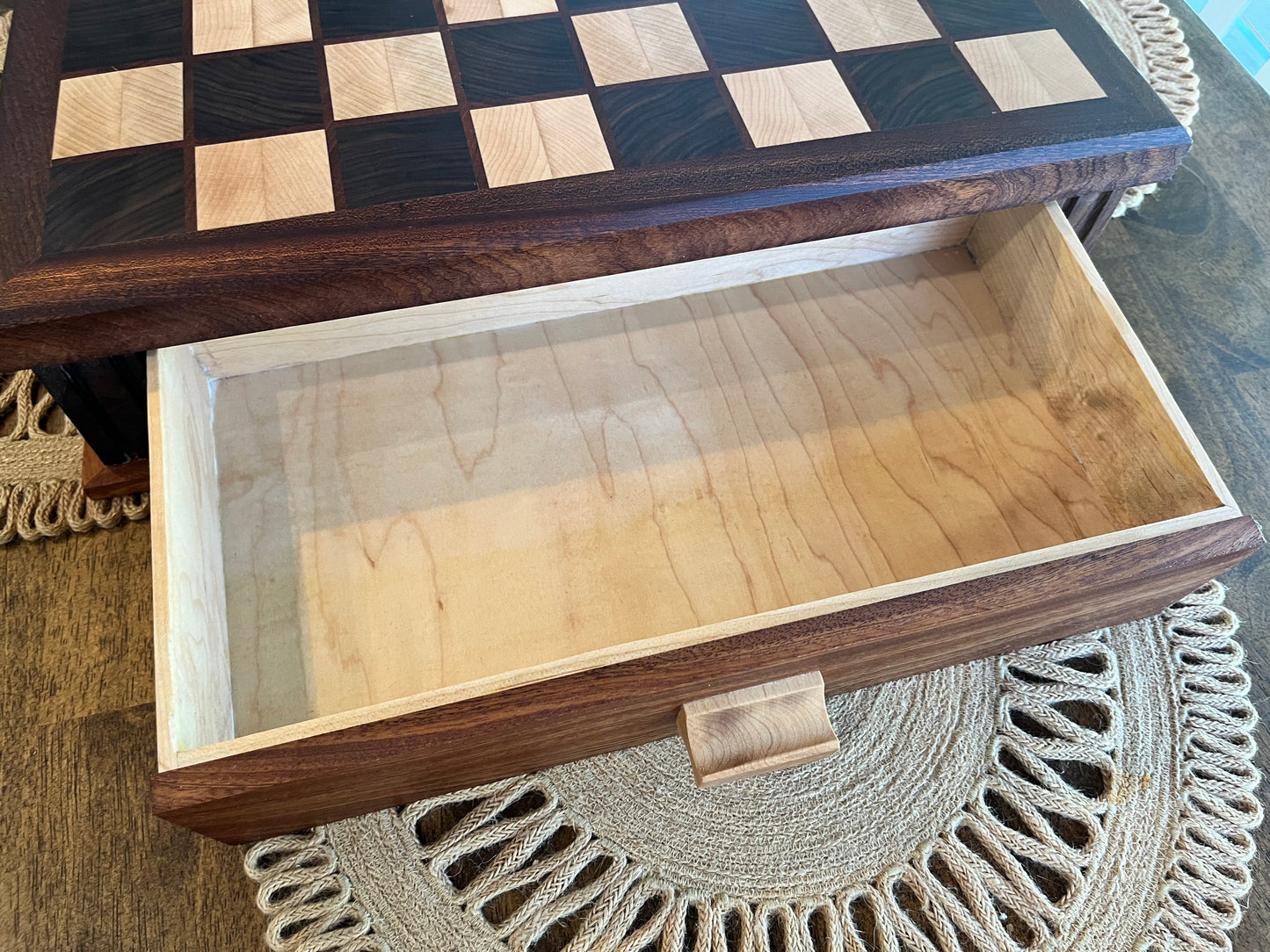 Chess Board End Grain With Drawers For Storage And Chess Pieces