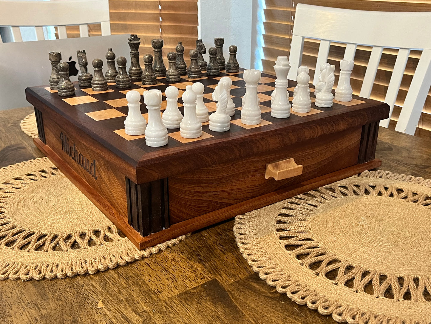 Chess Board End Grain With Drawers For Storage And Chess Pieces