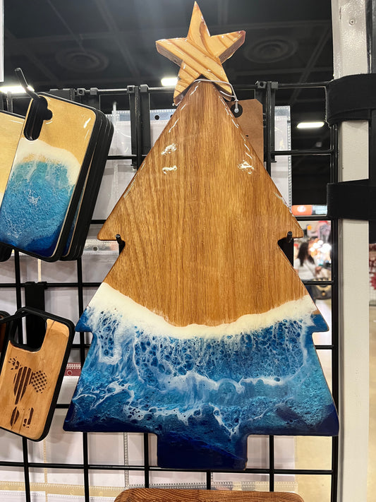 Christmas Tree Shaped Ocean Waves Resin Art Charcuterie Board Custom Engraving